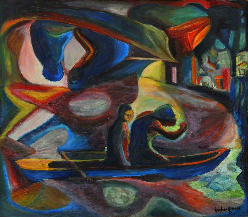 FIG 02 Louis Mbughuni, The Fishermen, 1965-66, oil on hardboard, 50.7 x 58 cm, The Argyll Collection, Argyll & Bute Council